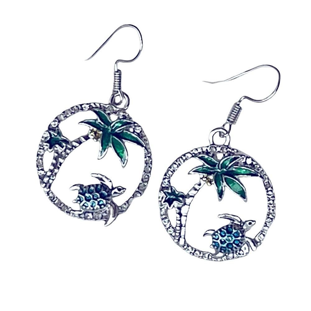 Silver Palm Tree & Turtle Hoop Earrings